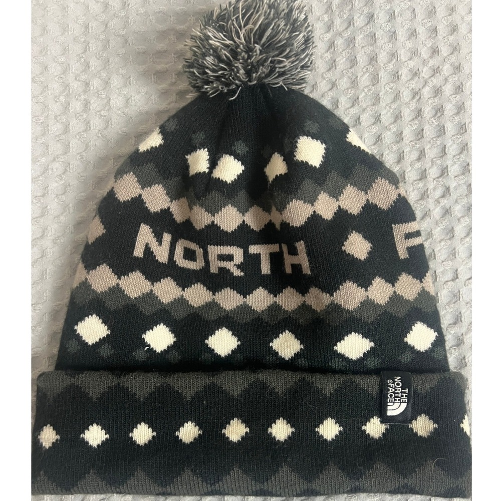 The North Face Fair Isle Pom Beanie Black Grey White Knit Cuffed Unisex Hat OS